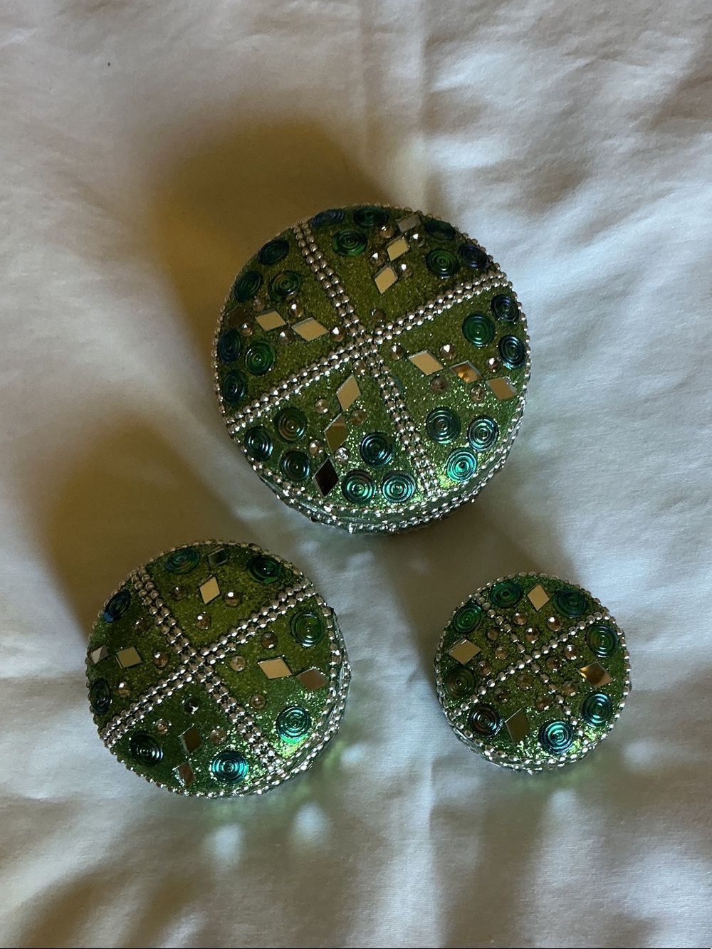 Green mirrored & Beaded Metal Round Boxes - Set of 3